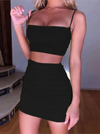 Women's New Sexy Sleeveless Strap Small Tank Top Short Top Fashion Wrinkle Bag Hip Skirt Two Piece Set