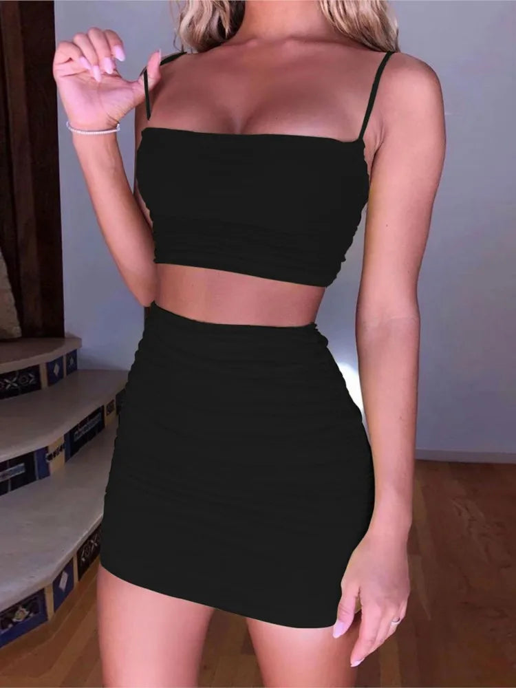 Women's New Sexy Sleeveless Strap Small Tank Top Short Top Fashion Wrinkle Bag Hip Skirt Two Piece Set
