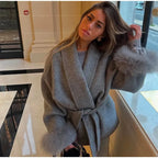 Elegant Lace Up Woolen Short Coat Solid Loose Lapel Furry Belt Long Sleeve Jacket Female 2025 Autumn Winter Lady Chic Cardigan