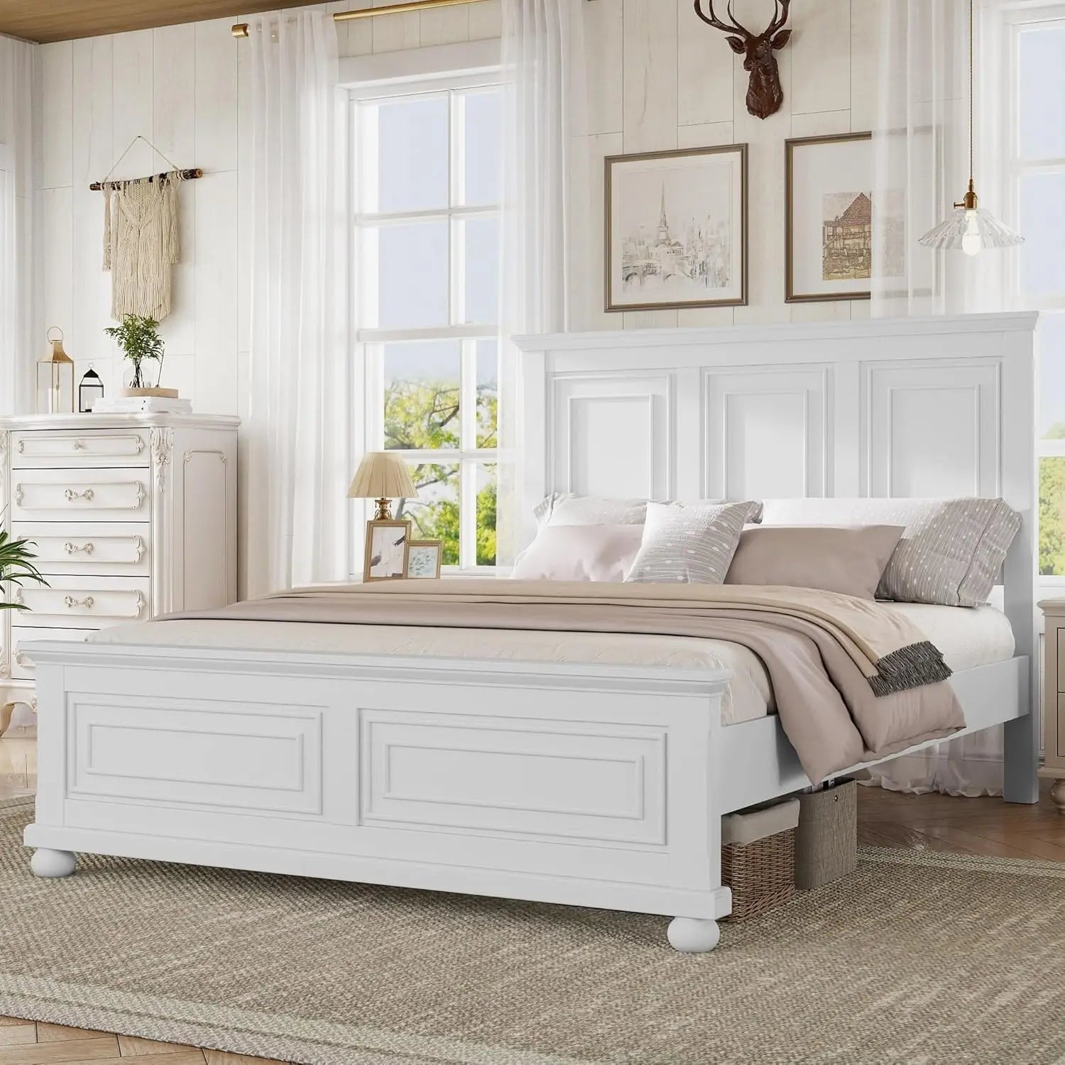 Farmhouse Queen Size Platform Bed for Adults, Solid Wood Platform Beds with Tall Headboard & Footboard, Queen Panel Bed for Bedr
