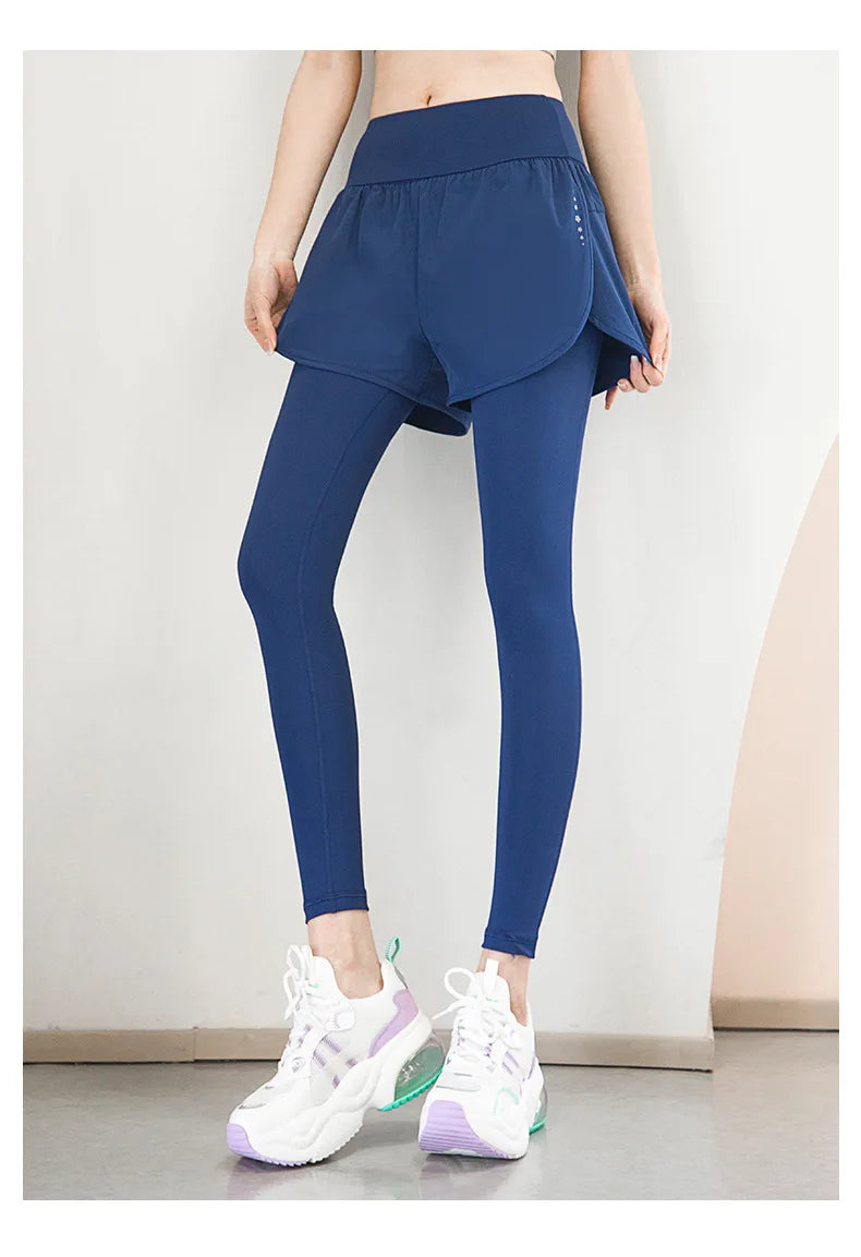 Women's Gym Leggings Elastic High Waist Fake Two Pieces Yoga Pants With Pockets Sportswear Running Tights Gym Yoga Wear