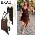HXAO Womens Dresses Lace Asymmetric Slip Dress Summer 2026 Sexy Evening Dresses Ladies Mini Brown Sleeveless Backless Vestidos
