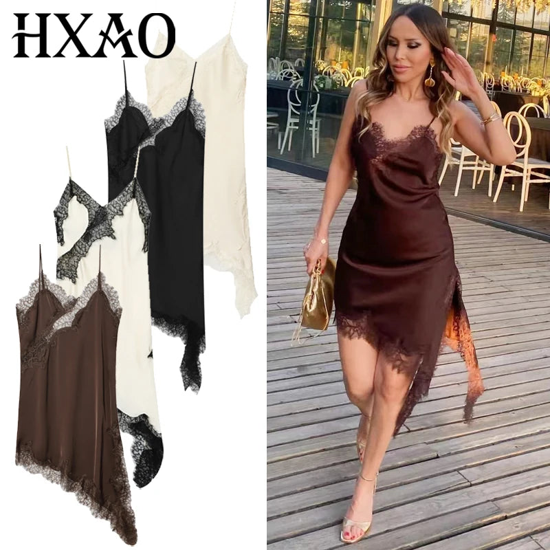 HXAO Womens Dresses Lace Asymmetric Slip Dress Summer 2026 Sexy Evening Dresses Ladies Mini Brown Sleeveless Backless Vestidos