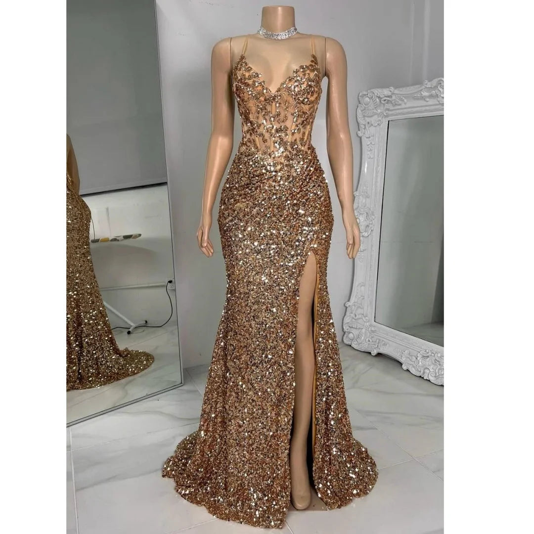 Gold Sequined Evening Dresses with Slit Mermaid vestidos de noche Spaghetti Straps Prom Dress Customized Wedding Party Gown Main image