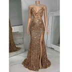Gold Sequined Evening Dresses with Slit Mermaid vestidos de noche Spaghetti Straps Prom Dress Customized Wedding Party Gown