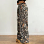 Women's Wide Leg Camo Pants Lightweight Elastic Waist Camouflage Print Loose Pants Trousers Y2K Vintage Streetwear