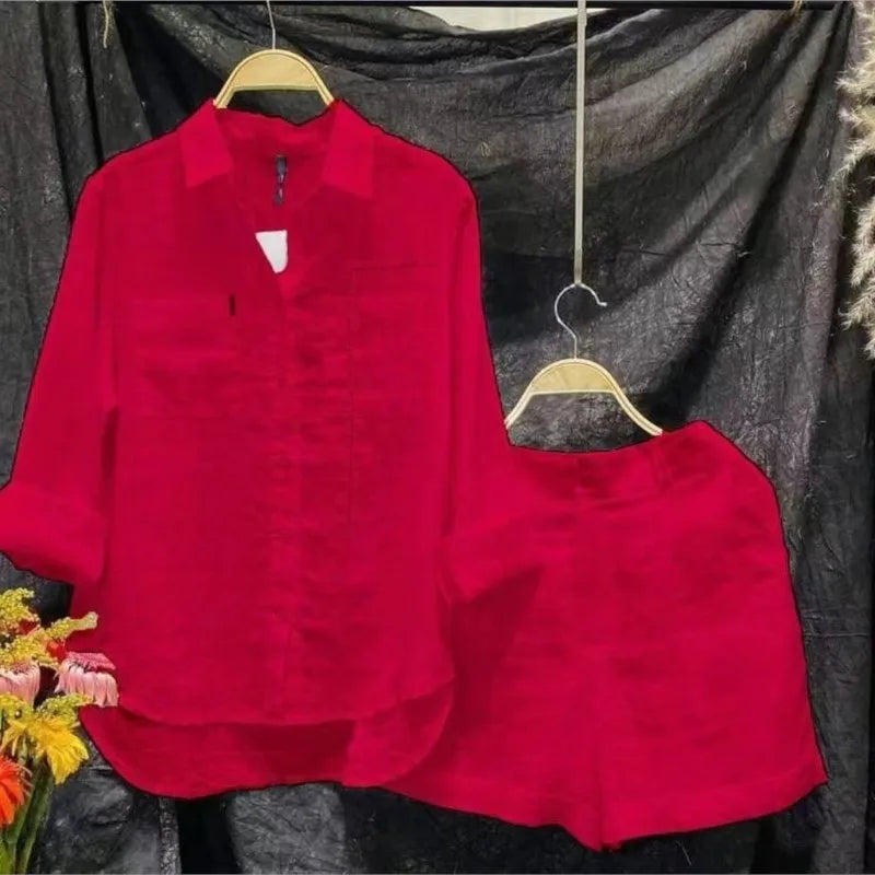 Summer Cotton Linen Casual Home 2 Piece Set For Women 2026 Fashion White Long Sleeve Shirt And Shorts Two Piece Sets Tracksuit