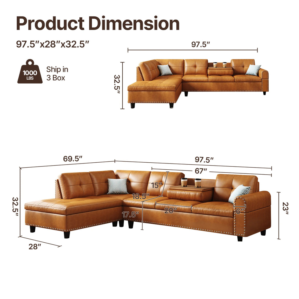 97.5" Faux Leather Sectional Sofa with Chaise Lounge, 2 Cup Holders & Pillows, 6-Seater Upholstered Tufting Corner,Stylish and C