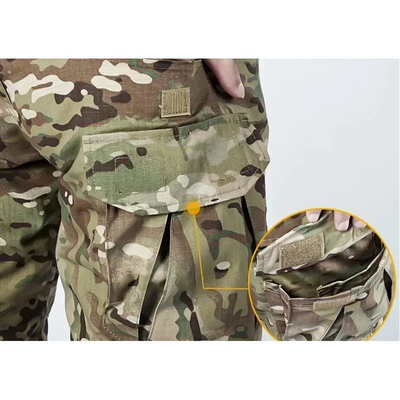 Camo Tactical Sets Outdoor Long Sleeve Wear-resisting T Shirts+Multi-pocket Tactic Cargo Pants Suit Training Workwear Combat Set