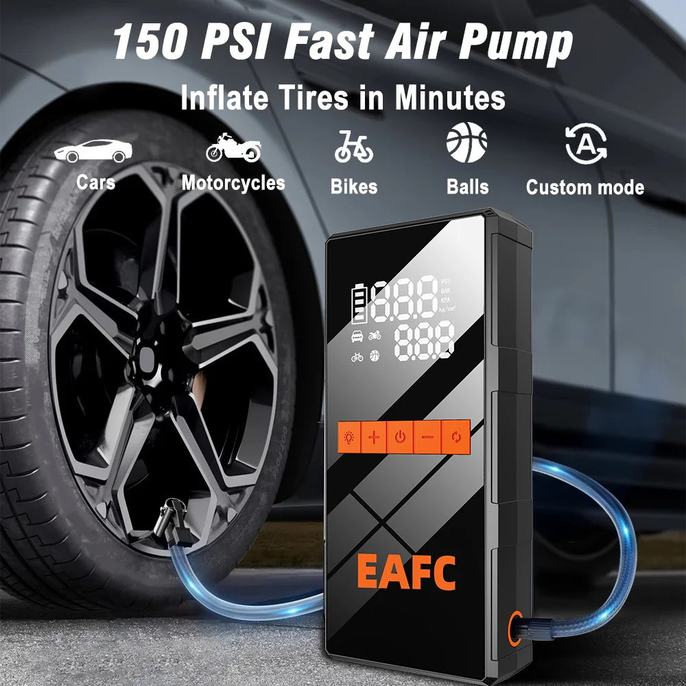 EAFC 1200A Smart Car Jump Starter with 150PSI Air Pump -8000mAh Power Bank  LED Light Smart Inflate for Cars Motorcycles Trucks