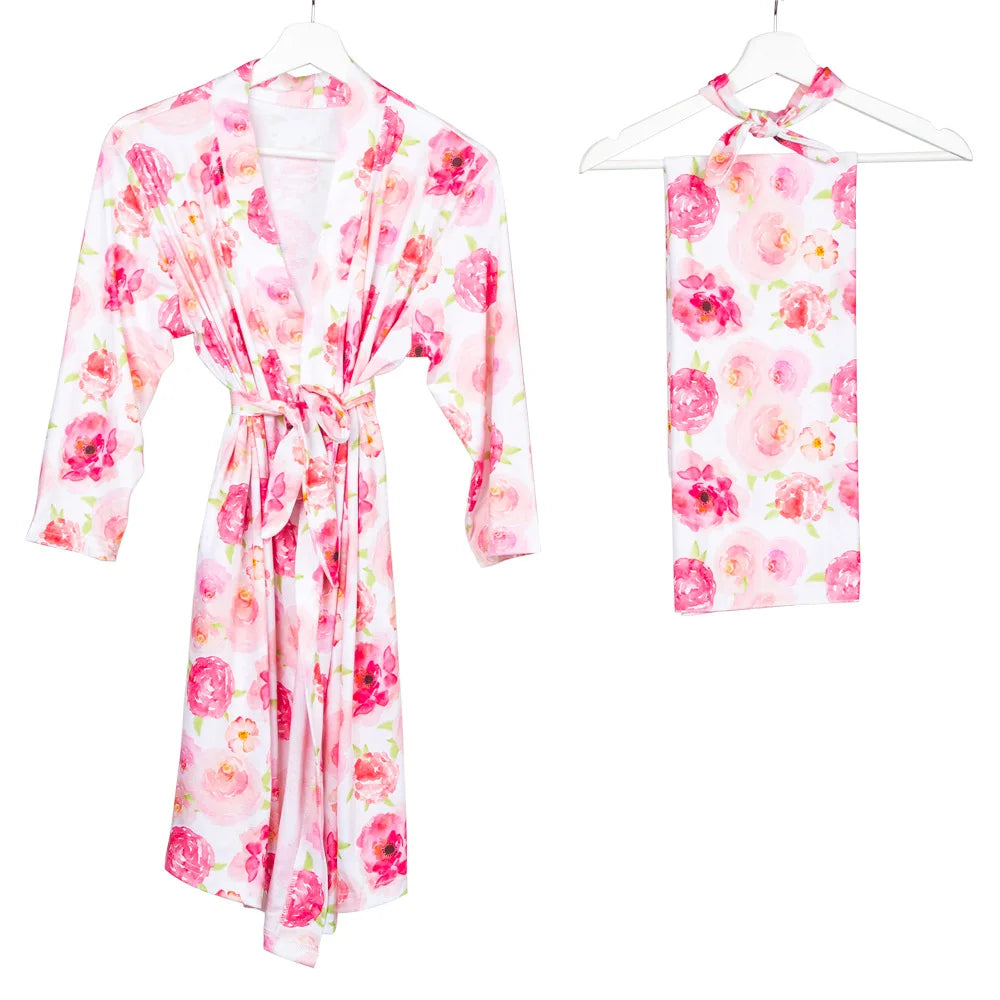 Maternity Robe,Matching Swaddle Set ,Mommy and Me Set, Floral Hospital Robe Bag,Baby Shower Gift,Mama Robe,Baby Girl Blanket