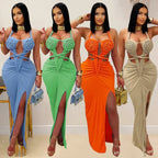 Women's Hollow Out Sleeveless Sexy Knitted Halter Neck Backless Solid Color Dress for Summer 2025