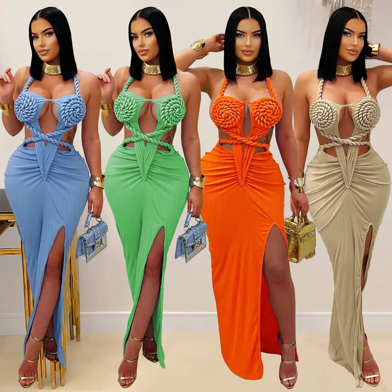 Women's Hollow Out Sleeveless Sexy Knitted Halter Neck Backless Solid Color Dress for Summer 2025 Main image