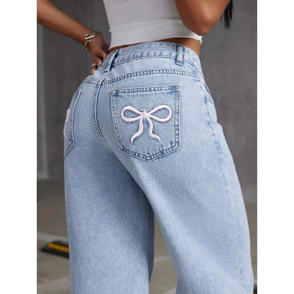 Denim Wide Leg Pants Women Jeans Embroidery High Waist Distressed Washed Mom Pockets Vintage Floor Length Trousers Streetwear Secondary image