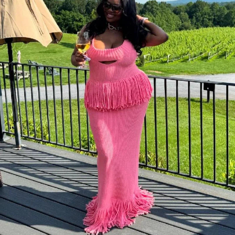 Women Sexy See Through Knitted Maxi Dress Hollow Out Deep Neck Pot Robes Tassel Hem Fork Party Vestidos 2025 New Lady Club Gown