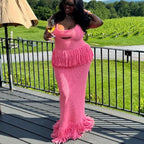 Women Sexy See Through Knitted Maxi Dress Hollow Out Deep Neck Pot Robes Tassel Hem Fork Party Vestidos 2025 New Lady Club Gown