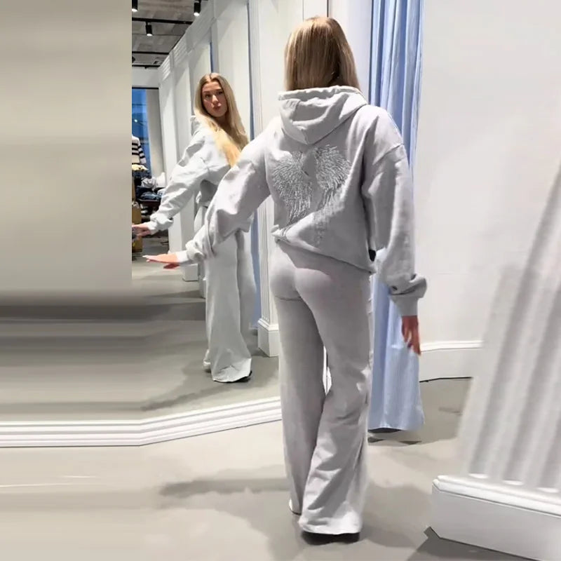 Casual Sequined Angel Wings Oversized Hoodie Women Loose Grey Long Sleeve Street Warm Pullover 2025 Winter Lady Daily Wear New