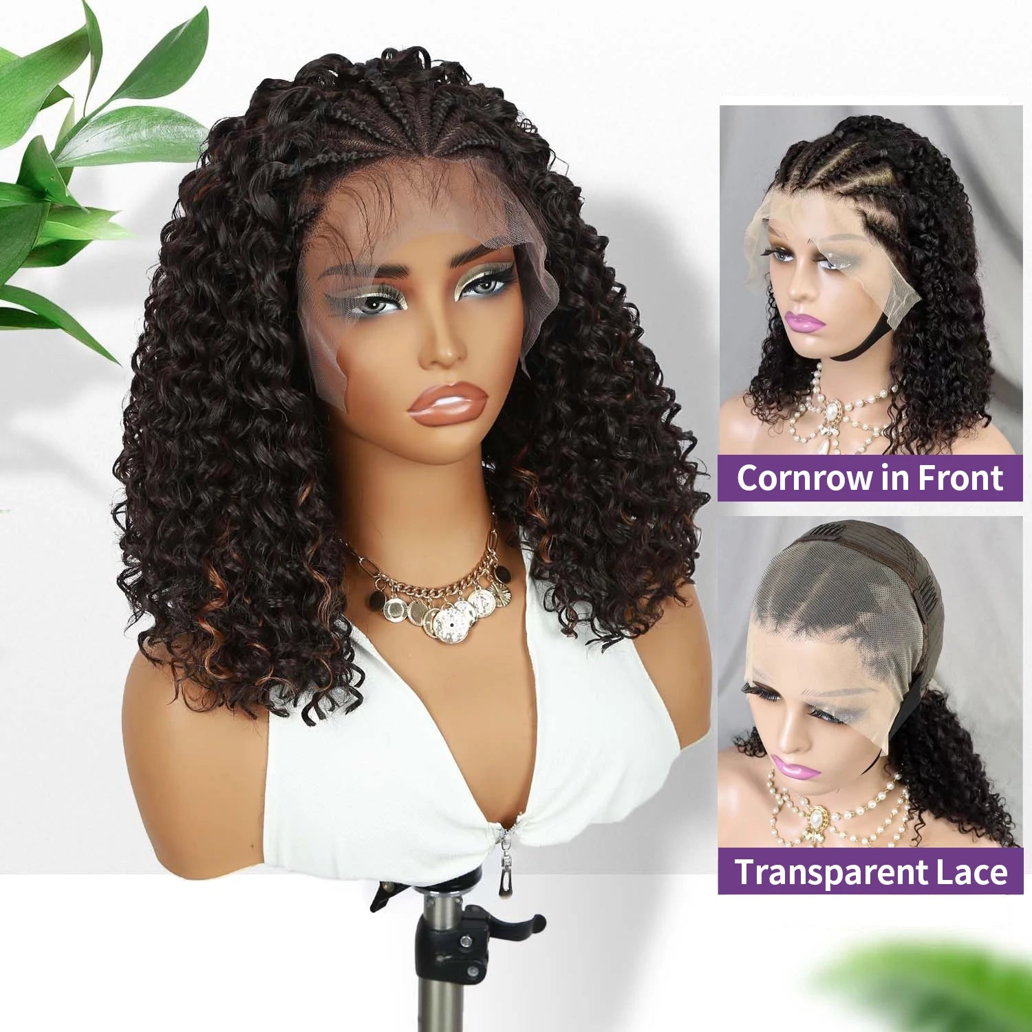 Cornrow Braid Bob Wig Deep Curly Brazilian Human Hair Knotless 13x4 Full Lace Wigs Pre Braided Boho Box Braids Wig For Women Secondary image