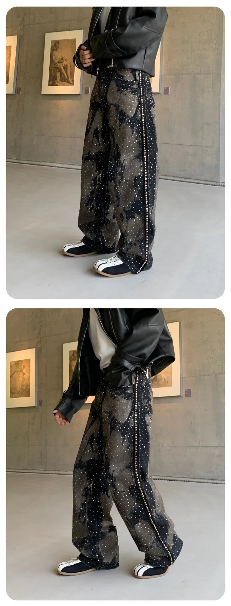 Pants Denim Men Jeans Wide Leg Long Pant Vintage Loose Hot Drilling High Waist Straight Trousers Y2k Streetwear Lace Up Spring