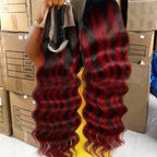 1B/99j Burgundy Highlight Lace Front Wig 30 Inch 5x5 Glueless Body Wave Wear And Go Wigs Brazilain Red Colored Human Hair Wigs