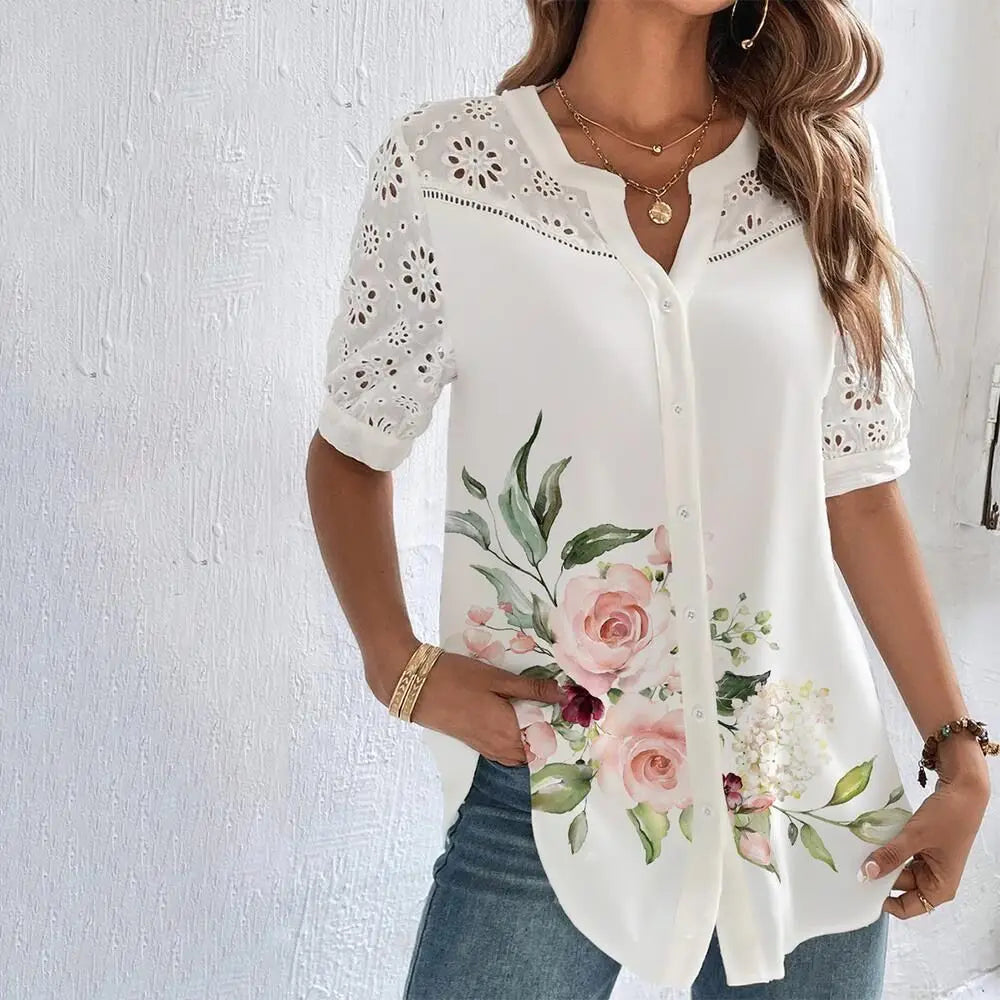 Temperament Casual Lace Woman Shirt Fashion Loose Shirt Woman Elegant Short Sleeve Blouse Holiday Weekend Main image