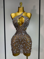 Sexy Sparkly Diamond Backless Short Dress 2026 Women Sleeveless Mesh See Through Evening Birthday Gown Singer Stage Outfit