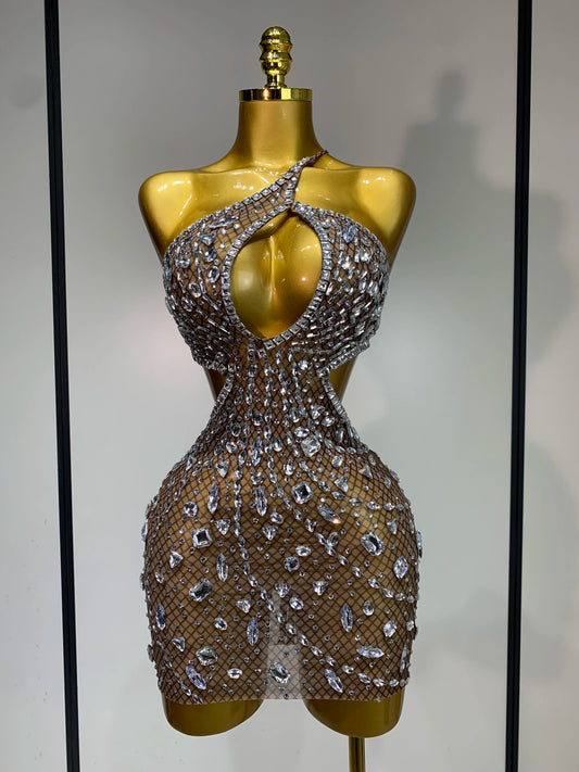 Sexy Sparkly Diamond Backless Short Dress 2025 Women Sleeveless Mesh See Through Evening Birthday Gown Singer Stage Outfit
