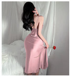 Red New Sling Sexy And Charming Ruffle Edge Bottom Split Smooth Surface Sleeveless Appear Thin Temperament Girl Long Dress 👗