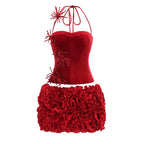 Women Sexy Party Dress Halter Laced Up Crop Top And Flowers Mini Skirt Two Piece Sets Club Evening Celebrity Outfits Wholesale