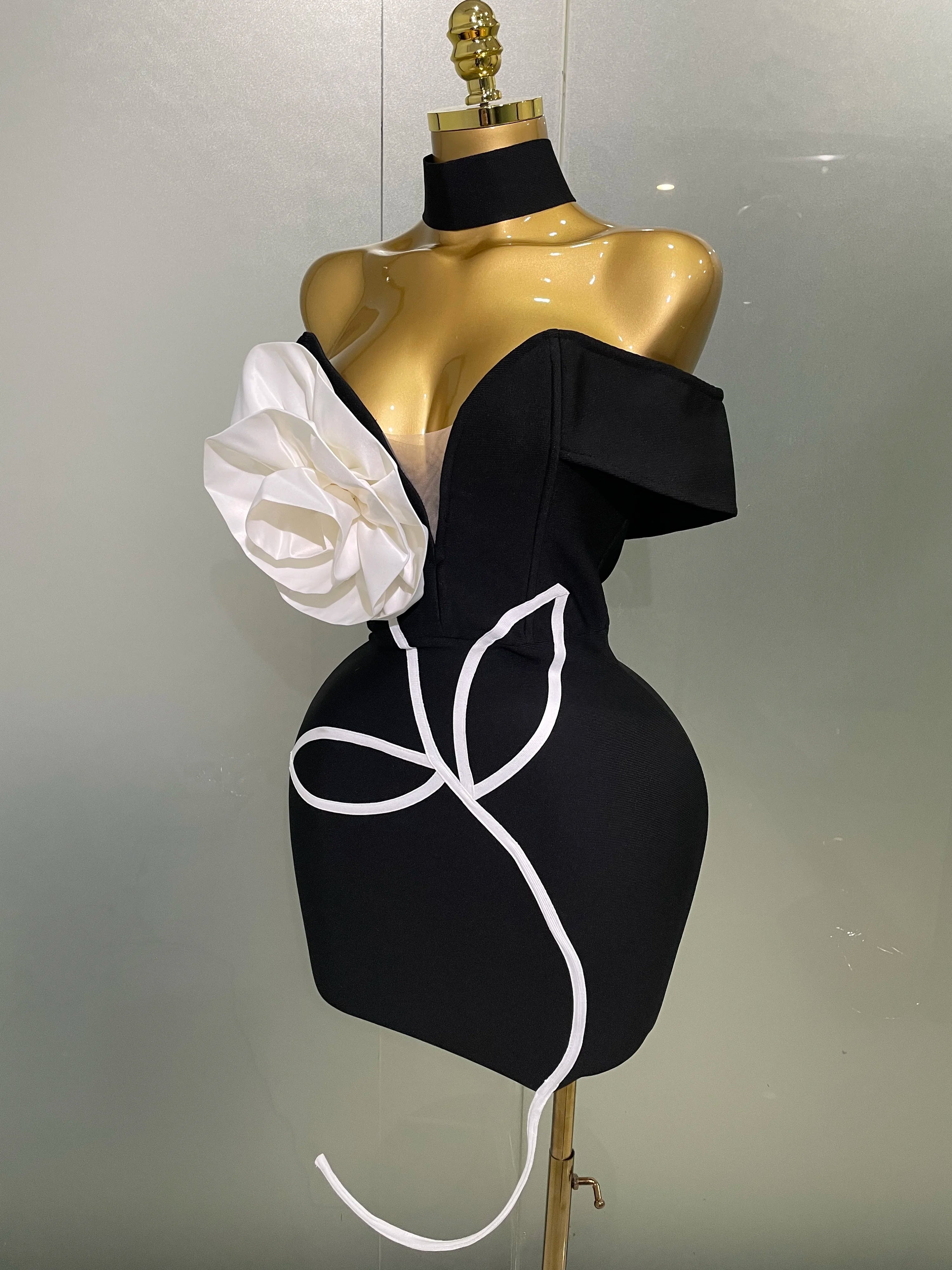 Women 2025 New Sexy Off Shoulder White Flower Black Mini Bodycon Bandage Dress Luxury Celebrity Evening Club Elegant Party Gowns Secondary image