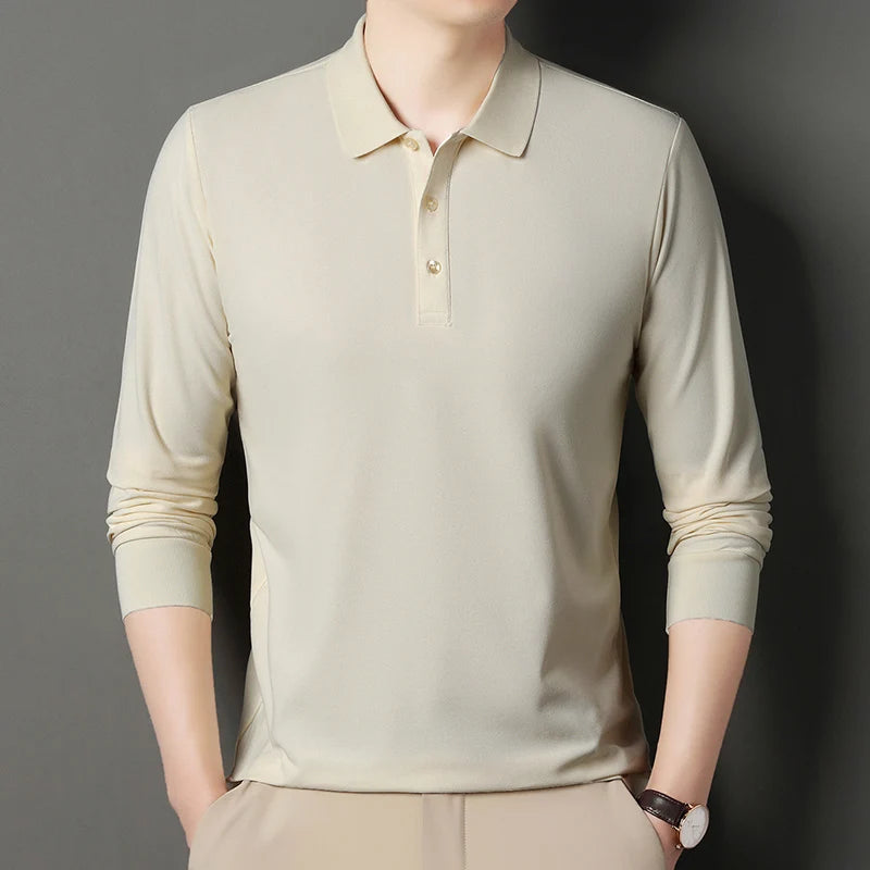 Autumn new men's long sleeved cotton polo shirt, middle-aged business, comfortable, solid color, loose men's lapel T-shirt