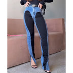 New Two-Tone Color Block High Waist Jeans Women Tummy Control Skinny Fit Stretch Denim Pants Fashion Slimming Pencil Jeans