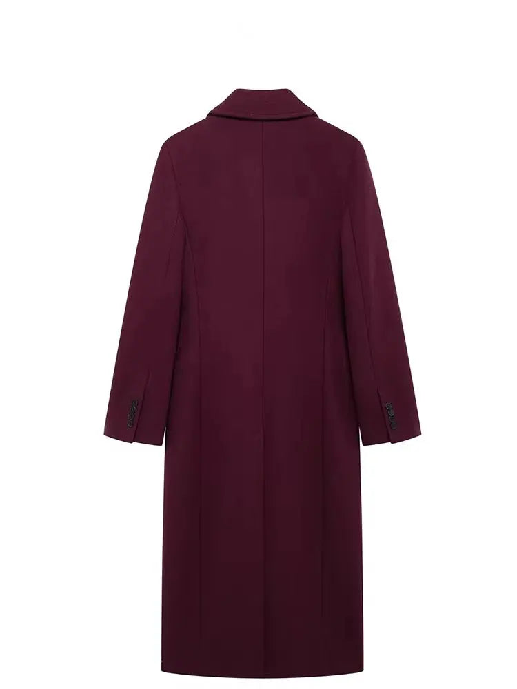 HH Women Fashion Burgundy Woolen Coat Double Breasted Long Sleeve Lapel Blends Jacket Autumn Winter High Street Outerwear