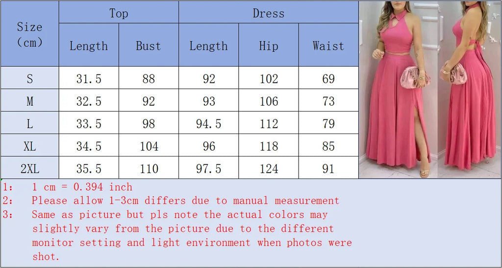 Women's Pink Two Piece Set Halter Collar Crop Top Split Maxi Skirt Ideal for Evening Parties Summer Weddings Chic Outings