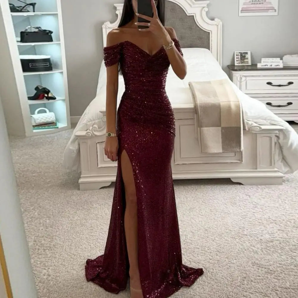 2026 Elegant Off-shoulder Gown Dress V-Neck Sequin Pleated Short Sleeve Waist Tight Maxi Dress Split Evening Party Prom Dress
