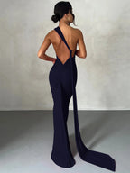 Dulzura One Shoulder Backless Ruched Slim Ribbon Long Dress Women Solid Sexy Elegant Dress Evening Party Club Prom Summer Outfit