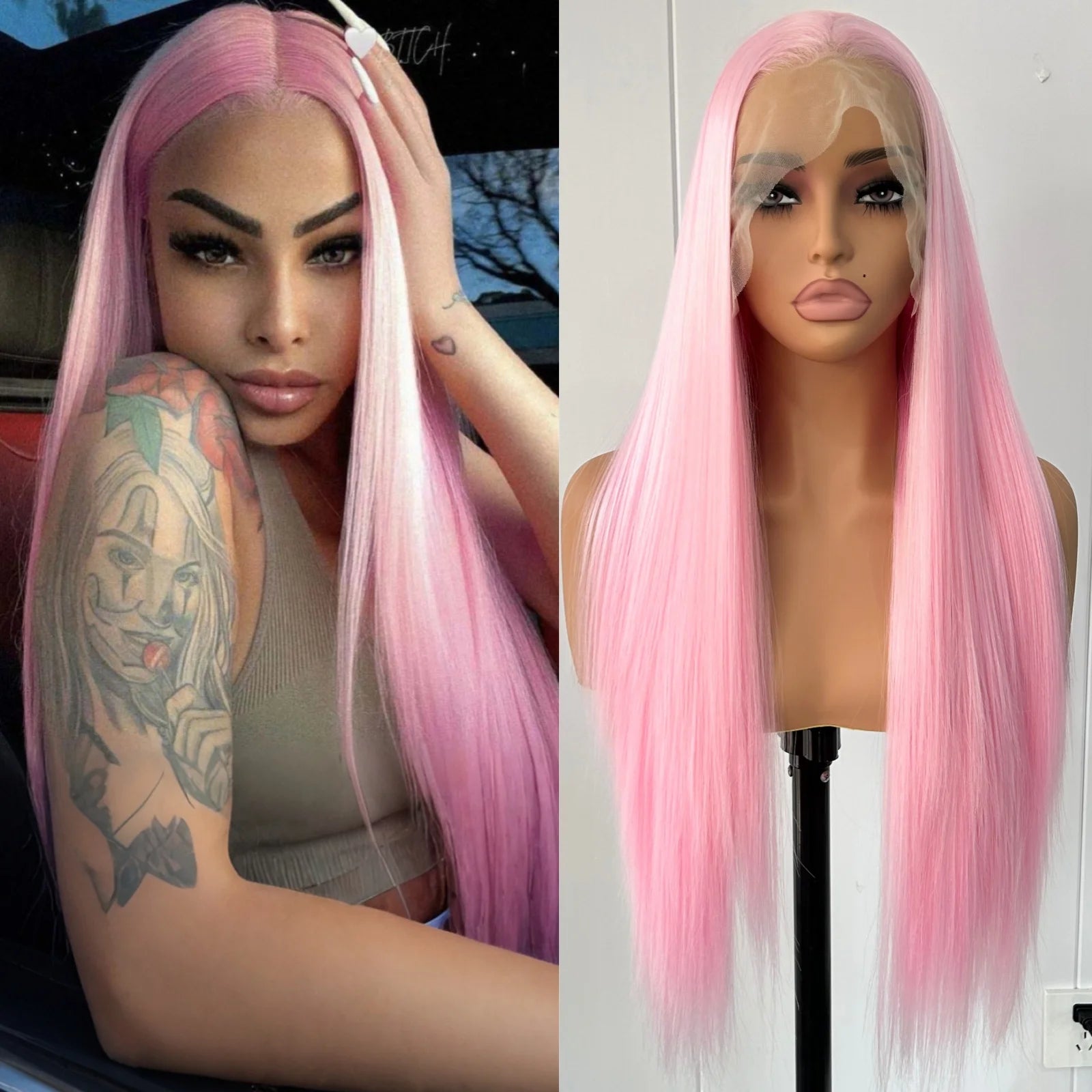 Light Pink Long Silky Straight Synthetic Lace Front Wig Free Part Pastel Pink Heat Resistant Fiber Wigs for Women Daily Party Secondary image