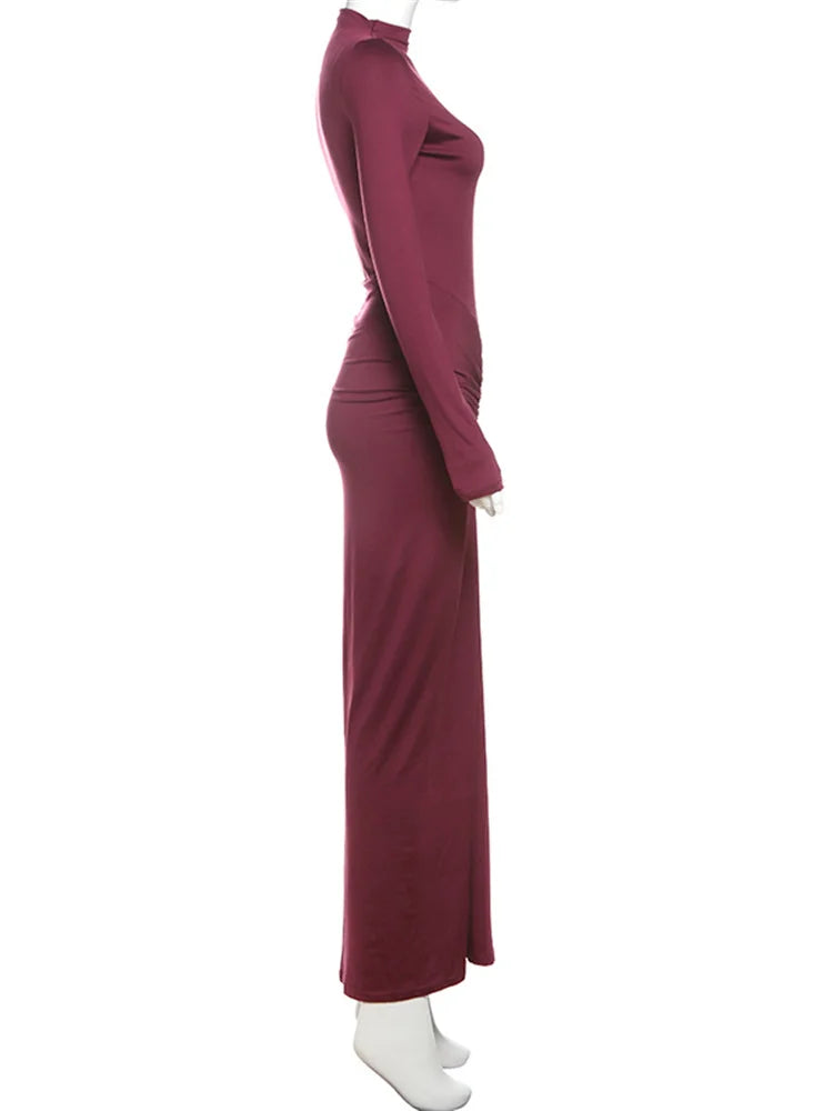 kliou Shirring Women Classic Maxi Dress Autumn New Solid Long Sleeve High Collar Body-shaping Vestidos Mujer Concise Trend Robe