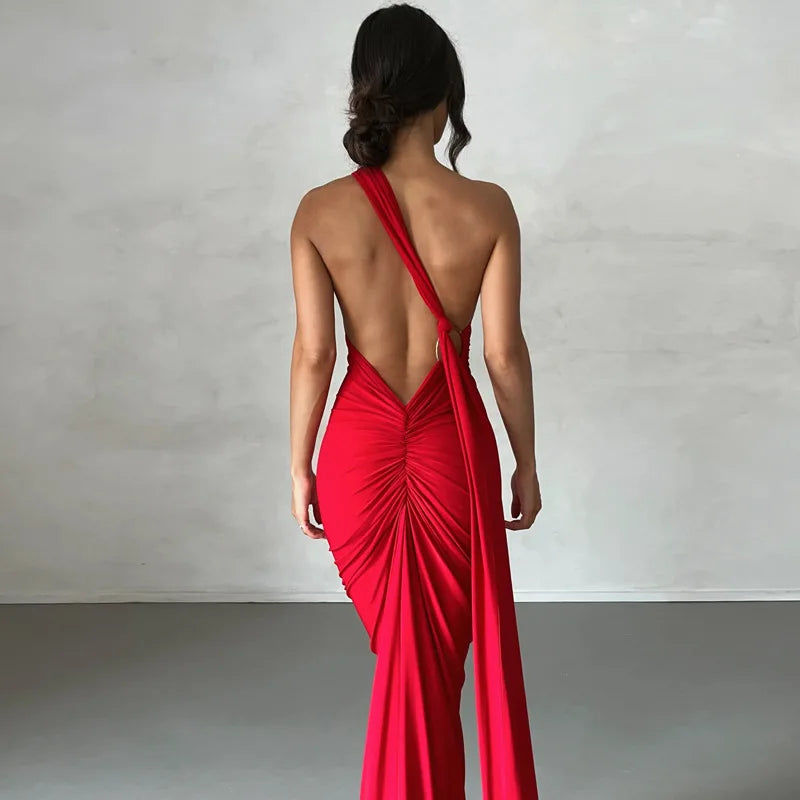 Dulzura One Shoulder Backless Ruched Slim Ribbon Long Dress Women Solid Sexy Elegant Dress Evening Party Club Prom Summer Outfit Secondary image