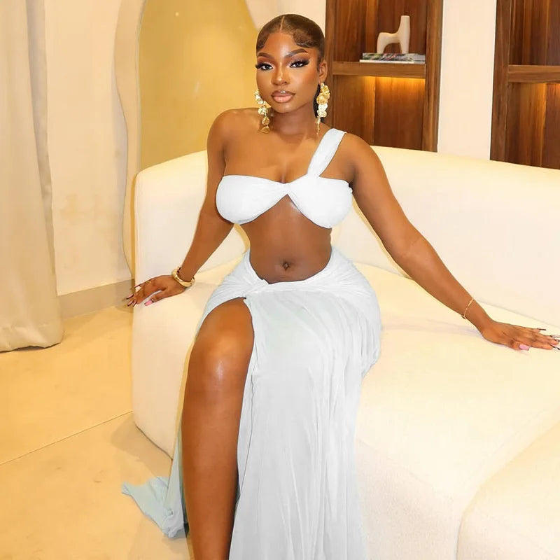 Mesh Ruched Sexy Club Outfits Woman 2026 Birthday Strapless Crop Top and High Split Long Skirt 2 Piece Set Conjuntos Femininos