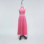 Women's Pink Two Piece Set Halter Collar Crop Top Split Maxi Skirt Ideal for Evening Parties Summer Weddings Chic Outings