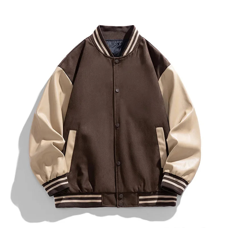 American Retro Suede Baseball Jacket Men's Spring Autumn Casual Leather Sleeve Outerwear JK819 Public Version Couple's Style Main image