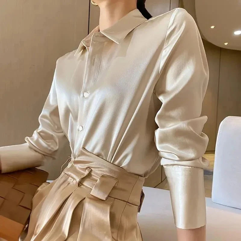 2026 Summer Trend Fashion Women's Casual Elegant Satin Long Sleeved Shirt Office Women's Shirts And Blouses Slim Femal Clothes