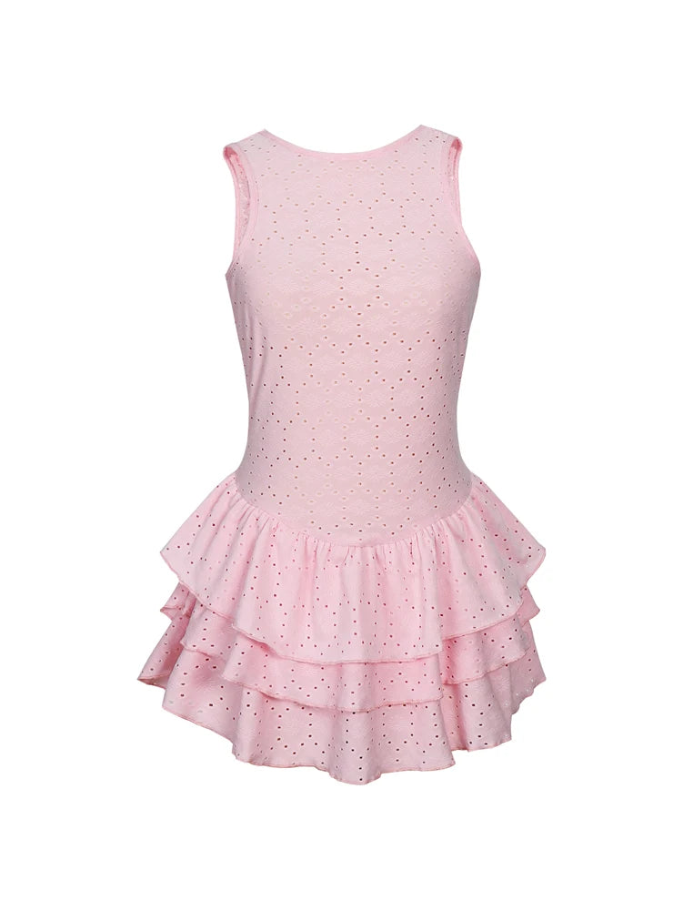 Women's Solid Colour Burned Flower Embroidery Ruffled Hem Mini Sleeveless Dress Elegant, Sensual, Pink Girly Style