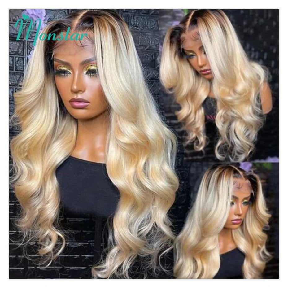 1B 613 Body Wave Human Hair Wig 13x6 Hd Lace Frontal Wig Brazilian 2 Tone Dark Root Ombre Blonde Lace Front Wigs For Black Women