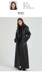 Lautaro Spring Autumn Extra Long Brown Pu Leather Trench Coat for Women Sashes Luxury Chic Overcoat Runway European Fashion 2024