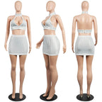 Sparkly Rhinestones Party Club Birthday Outfits for Women Two Piece Set Halter V-neck Crop Top and Mini Skirt Matching Sets