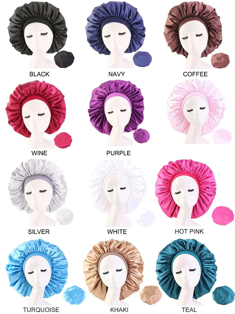 New Women Extra Large Satin Sleep Cap Silky Bonnet Daily Cap Protect Hair Treatment Hat Curly Springy Hair Big Size Head Cover