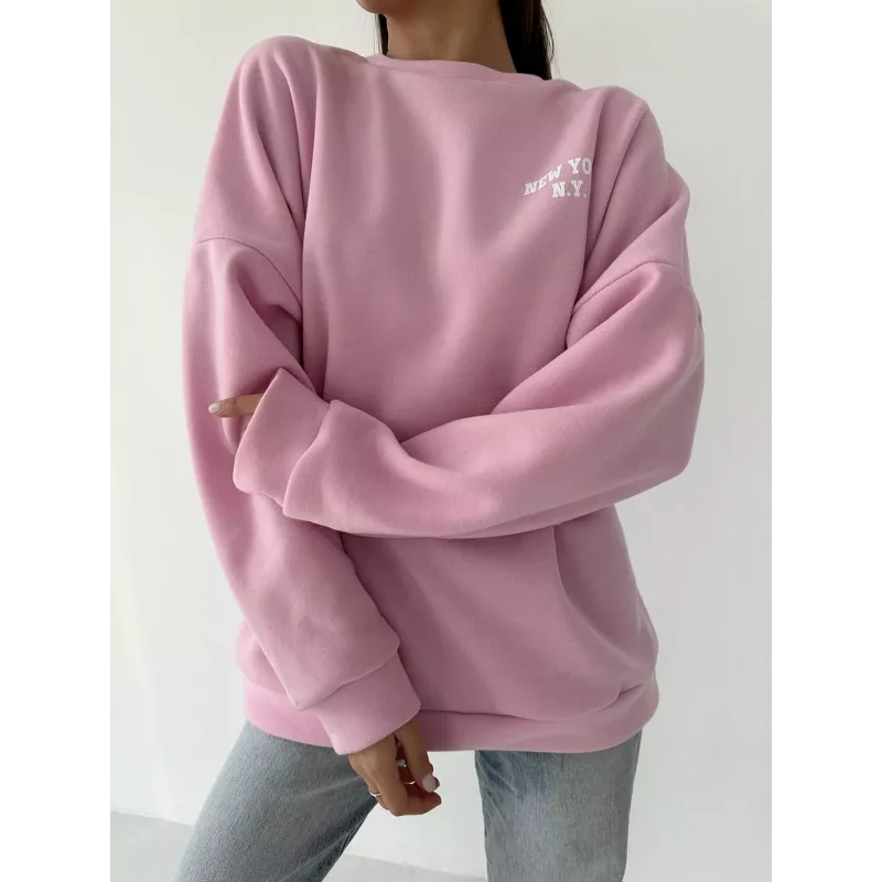 Popular Letter Printing Autumn Winter Loose Versatile Temperament Lazy Style Casual Round Neck Sweatshirt for Women