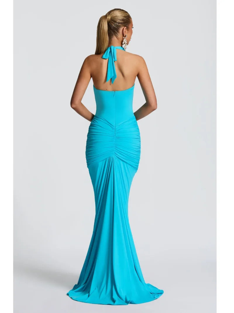 Deep V Neck Draped Ruched Sexy Maxi Dress Women Summer Fashion Halter Sleeveless Backless Club Party Long Dress Elegant BM98